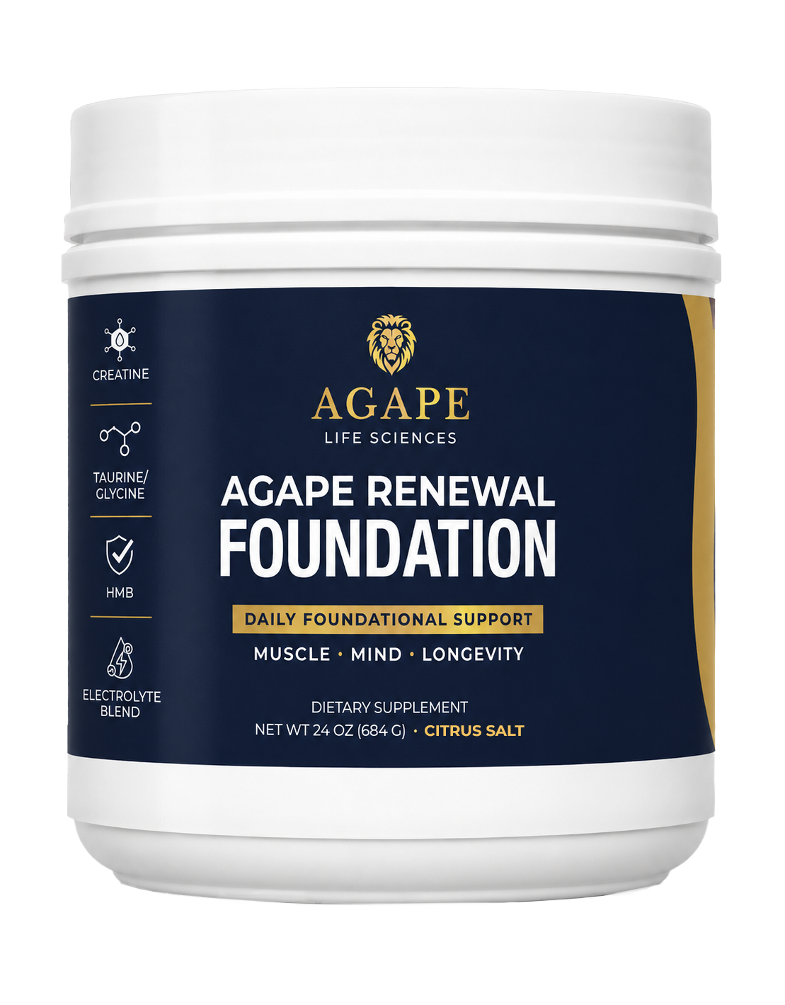 Agape Renewal Foundation creatine and HMB daily supplement powder.