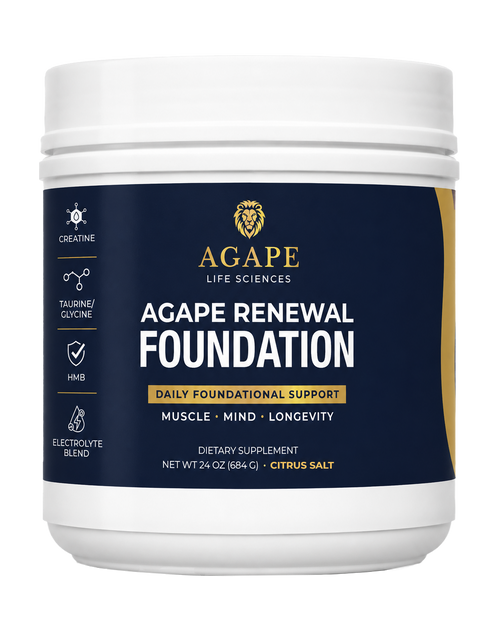 Agape Renewal Foundation creatine and HMB daily supplement powder.